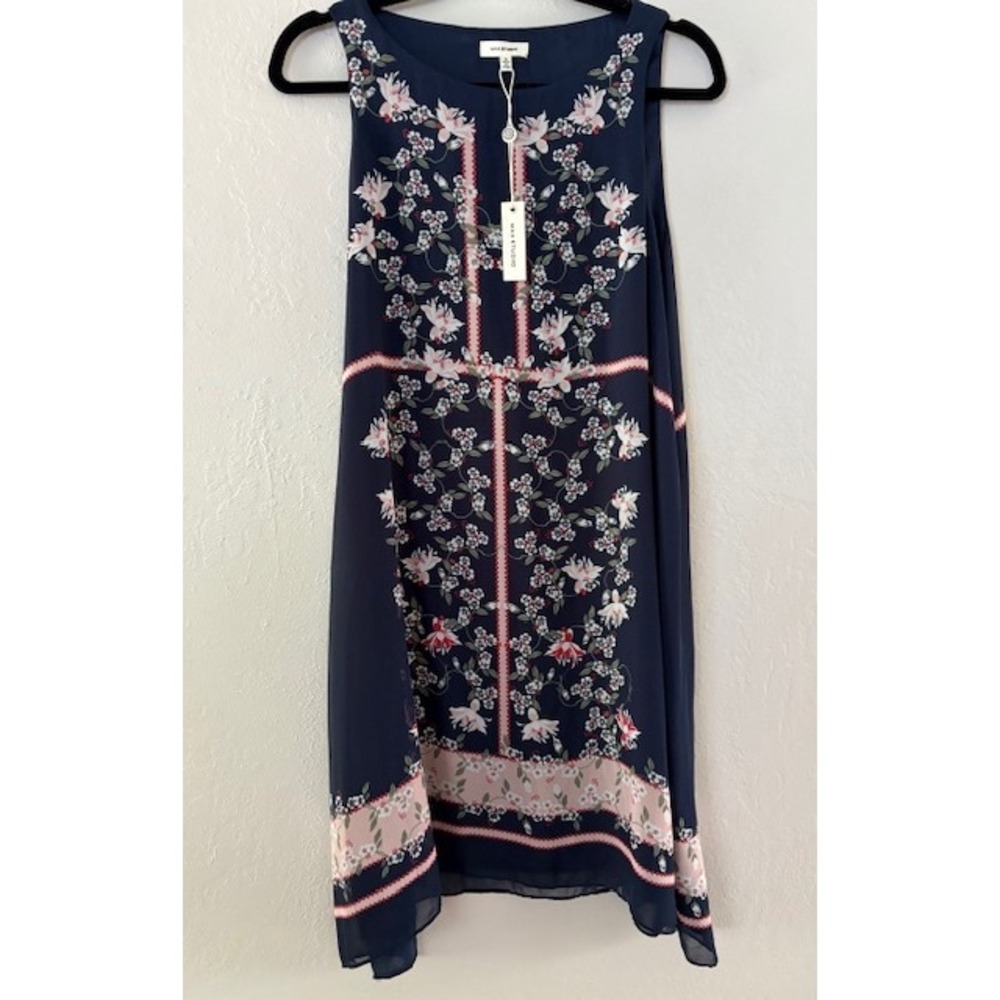 Max Studio‎ Navy Blue Floral Sleeveless Dress Womens Size Small